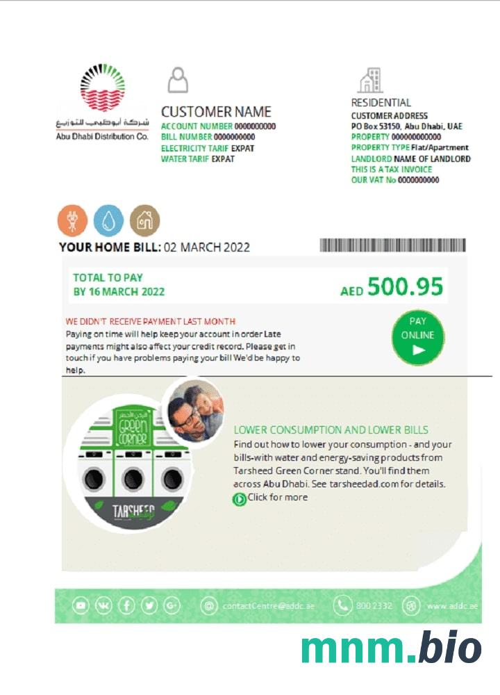 UAE Abu Dhabi Distribution Co. szablon rachunku za media w formacie Word i PDF